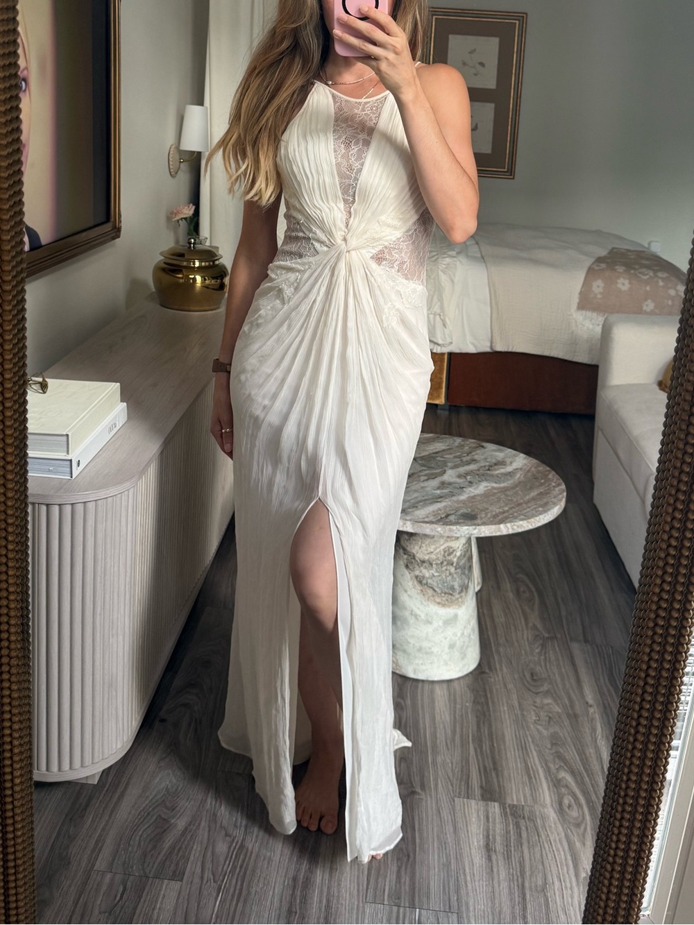 BCBGMAXAZRIA Runway Ivory Lace Bridal Halter Draped Maxi Gown